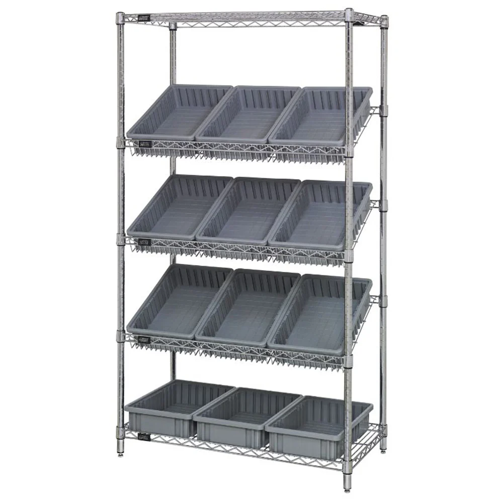 18"d x 36"w x 63"h 5-Tier Slanted Wire Shelving with 16-1/2"d x 10-7/8"w x 3-1/2"h Dividable Grid Containers - Image 3