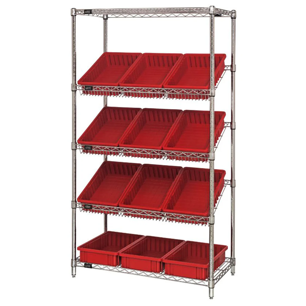 18"d x 36"w x 63"h 5-Tier Slanted Wire Shelving with 16-1/2"d x 10-7/8"w x 3-1/2"h Dividable Grid Containers - Image 4