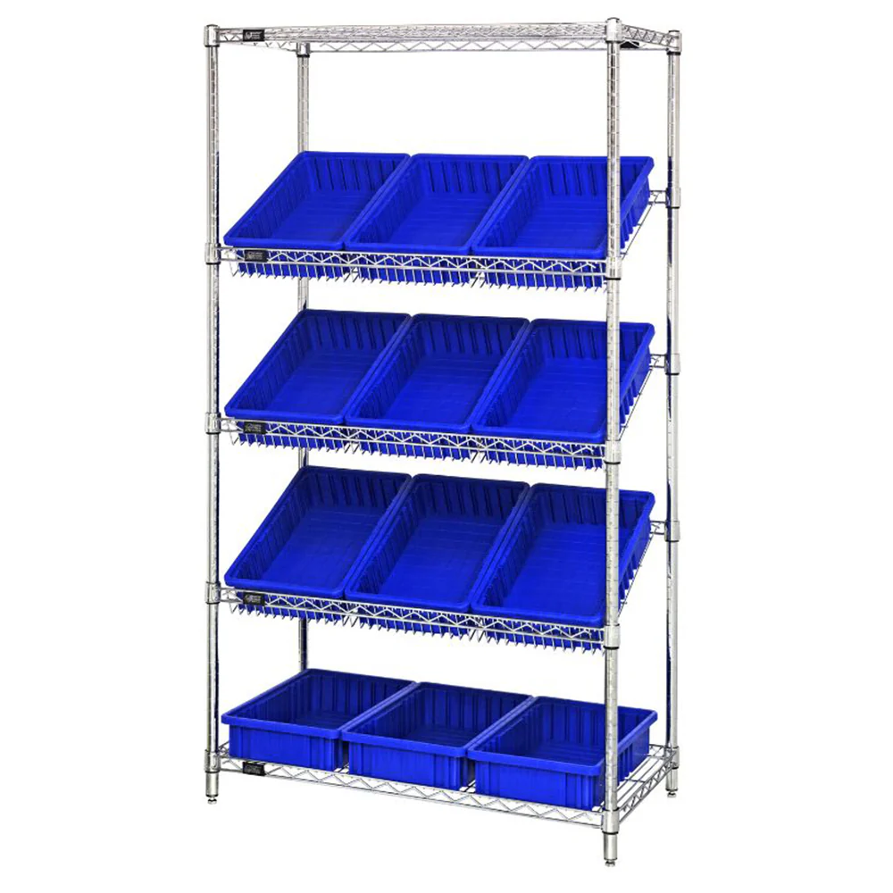 18"d x 36"w x 63"h 5-Tier Slanted Wire Shelving with 16-1/2"d x 10-7/8"w x 3-1/2"h Dividable Grid Containers - Image 5