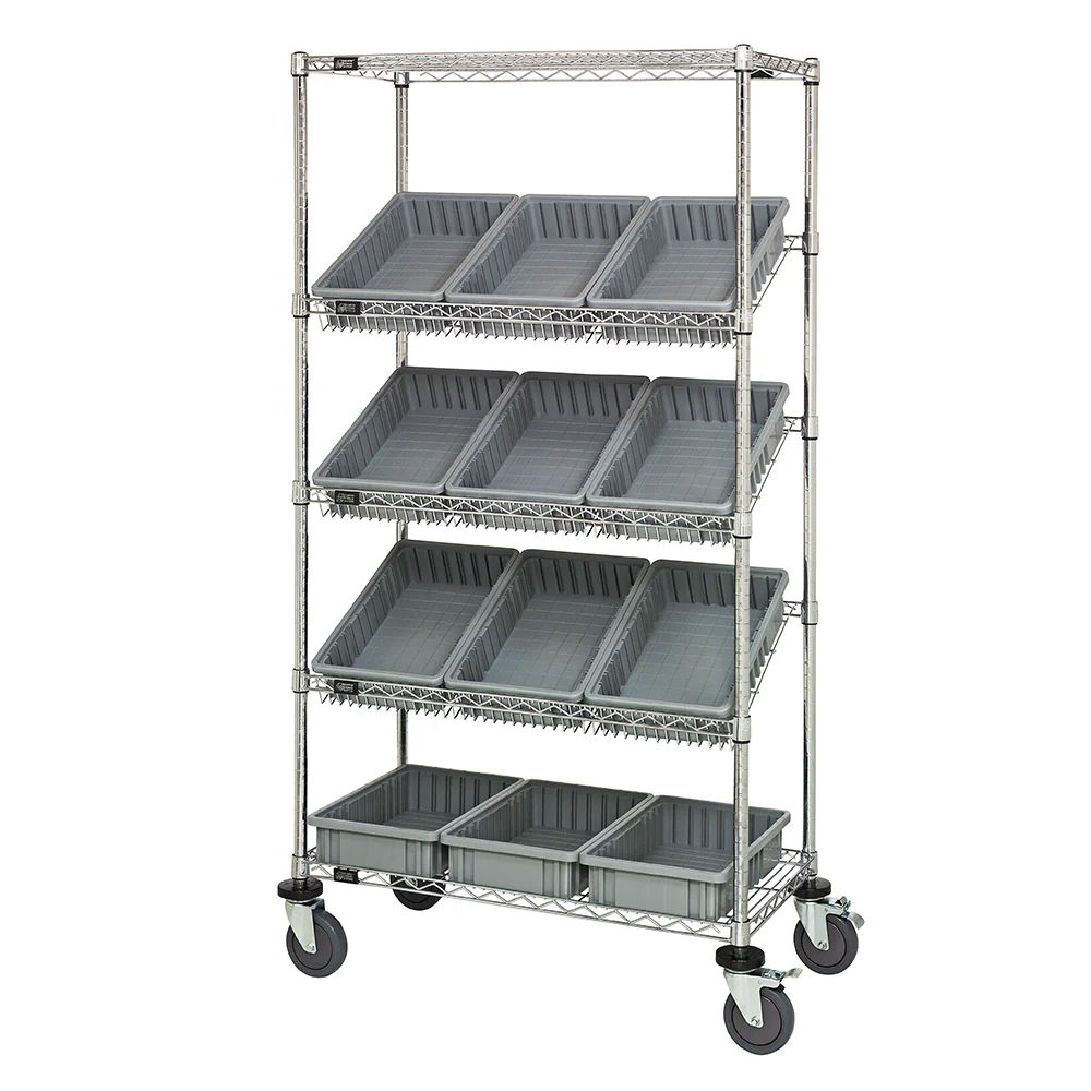 18"d x 36"w x 69"h 5-Tier Slanted Wire Shelving Carts with 16-1/2"d x 10-7/8"w x 3-1/2"h Dividable Grid Containers - Image 3