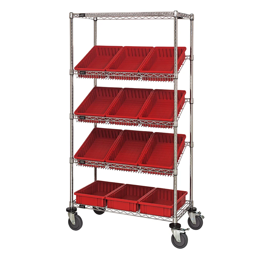 18"d x 36"w x 69"h 5-Tier Slanted Wire Shelving Carts with 16-1/2"d x 10-7/8"w x 3-1/2"h Dividable Grid Containers - Image 4