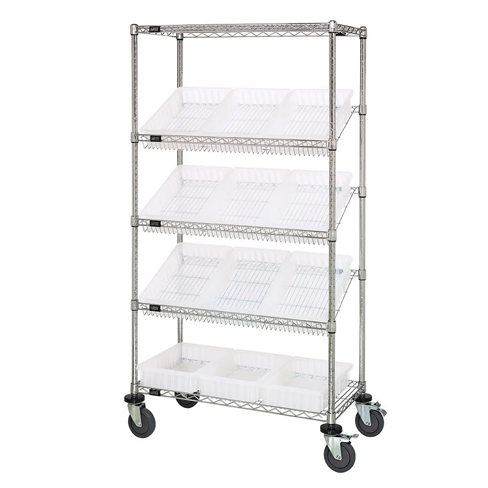 18"d x 36"w x 69"h 5-Tier Slanted Wire Shelving Carts with 16-1/2"d x 10-7/8"w x 3-1/2"h Dividable Grid Containers - Image 5