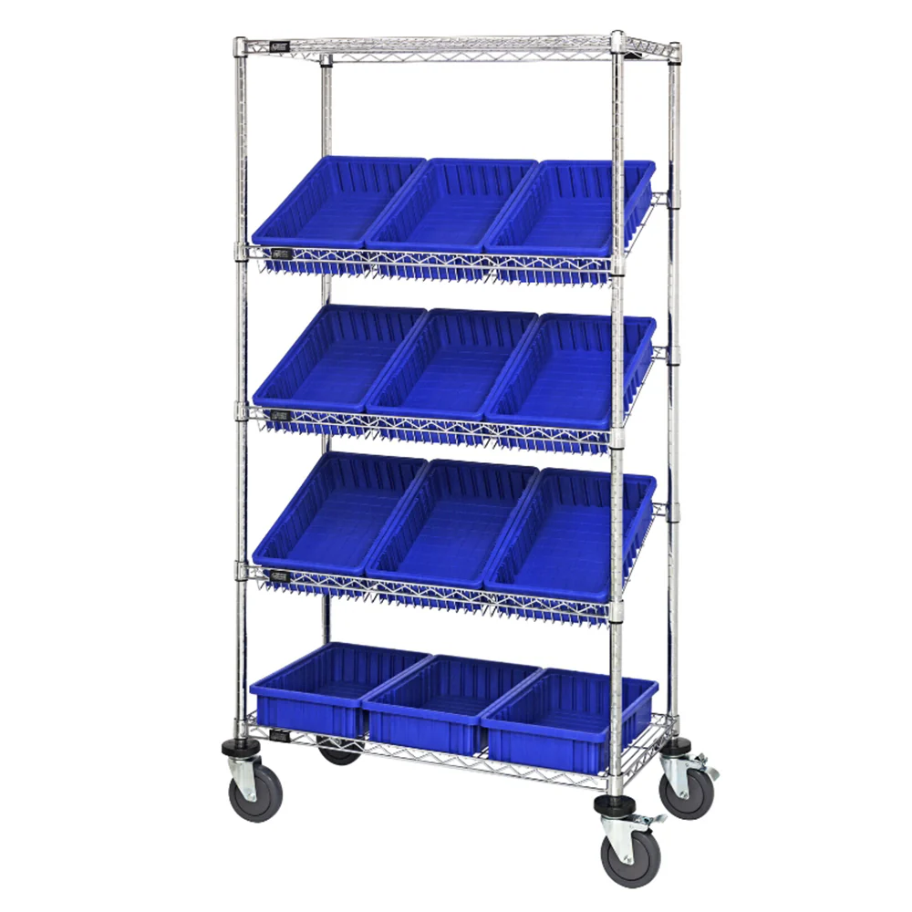 18"d x 36"w x 69"h 5-Tier Slanted Wire Shelving Carts with 16-1/2"d x 10-7/8"w x 3-1/2"h Dividable Grid Containers - Image 6