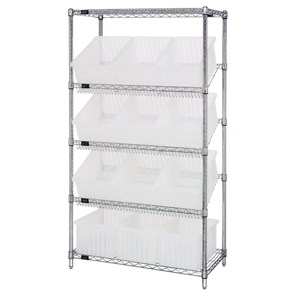 18"d x 36"w x 63"h 5-Tier Slanted Wire Shelving with 16-1/2"d x 10-7/8"w x 8"h Dividable Grid Containers - Image 6