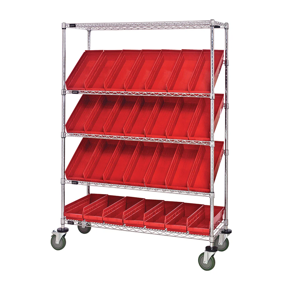 24"d x 48"w x 69"h 5-Tier Open Slanted Wire Shelving Carts with 23-5/8"d x 6-5/8"w x 4"h Bins - Image 12