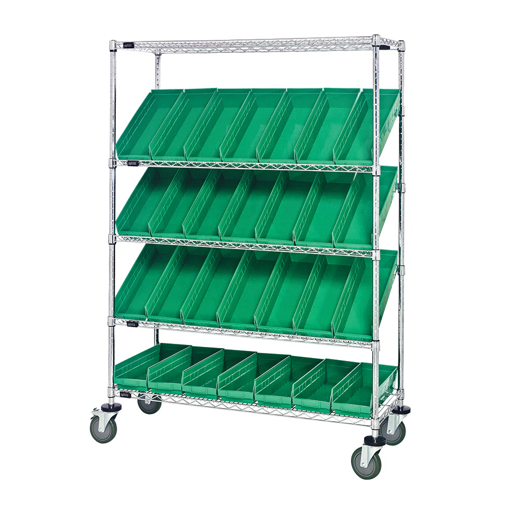 24"d x 48"w x 69"h 5-Tier Open Slanted Wire Shelving Carts with 23-5/8"d x 6-5/8"w x 4"h Bins - Image 4