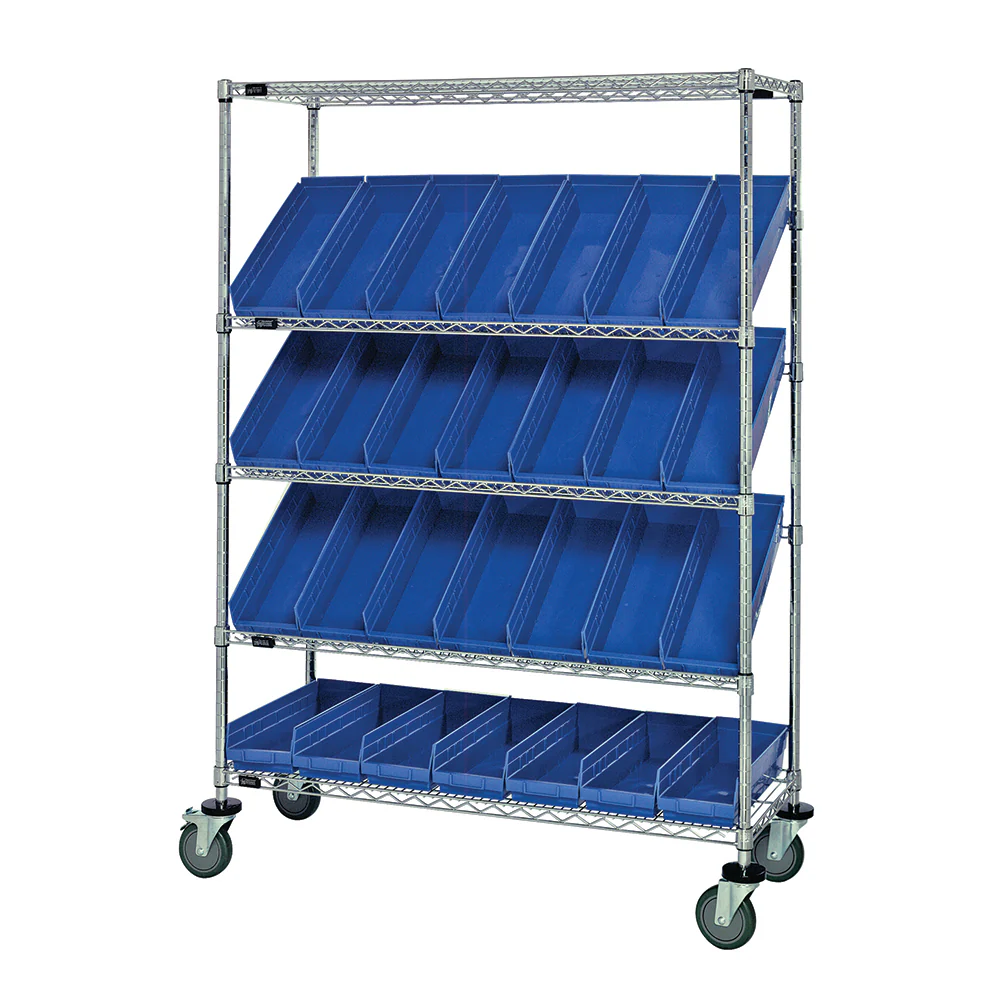 24"d x 48"w x 69"h 5-Tier Open Slanted Wire Shelving Carts with 23-5/8"d x 6-5/8"w x 4"h Bins - Image 8