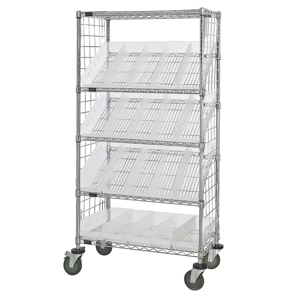 18"d x 36"w x 69"h 5-Tier Enclosed Slanted Wire Shelving Carts with 17-7/8"d x 6-5/8"w x 4"h Bins - Image 3