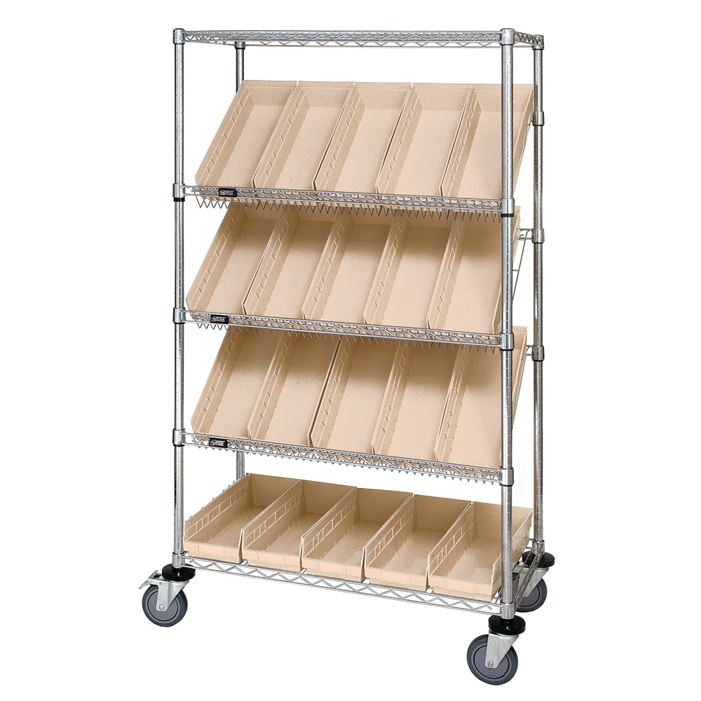 18"d x 36"w x 69"h 5-Tier Open Slanted Wire Shelving Carts with 17-7/8"d x 6-5/8"w x 4"h Bins - Image 11