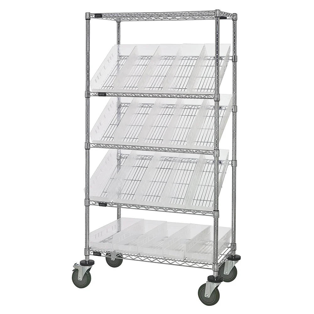 18"d x 36"w x 69"h 5-Tier Open Slanted Wire Shelving Carts with 17-7/8"d x 6-5/8"w x 4"h Bins - Image 3