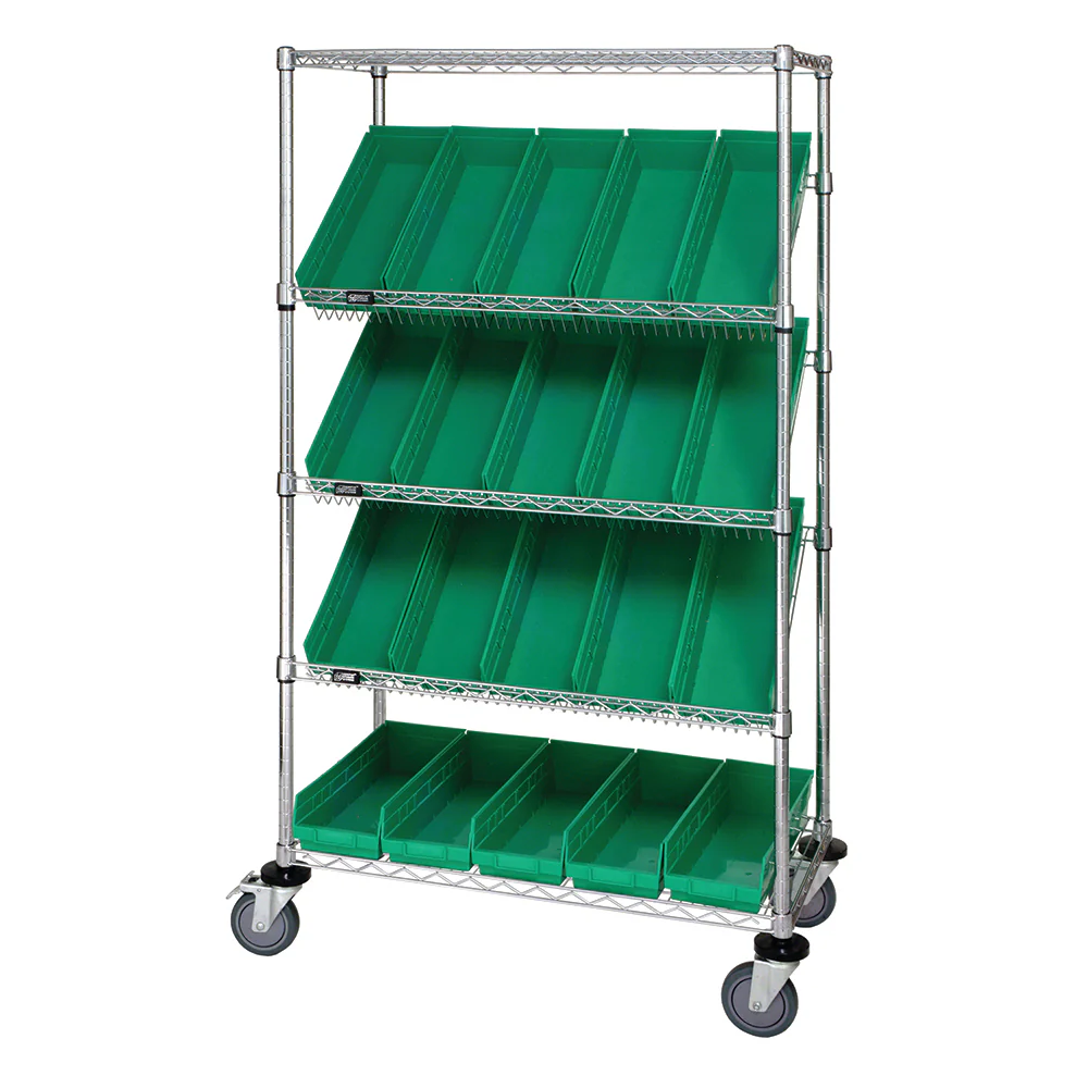 18"d x 36"w x 69"h 5-Tier Open Slanted Wire Shelving Carts with 17-7/8"d x 6-5/8"w x 4"h Bins - Image 4
