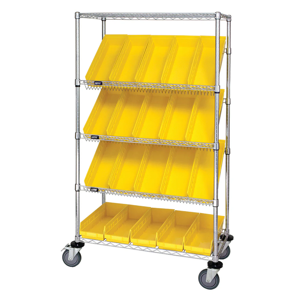 18"d x 36"w x 69"h 5-Tier Open Slanted Wire Shelving Carts with 17-7/8"d x 6-5/8"w x 4"h Bins - Image 7