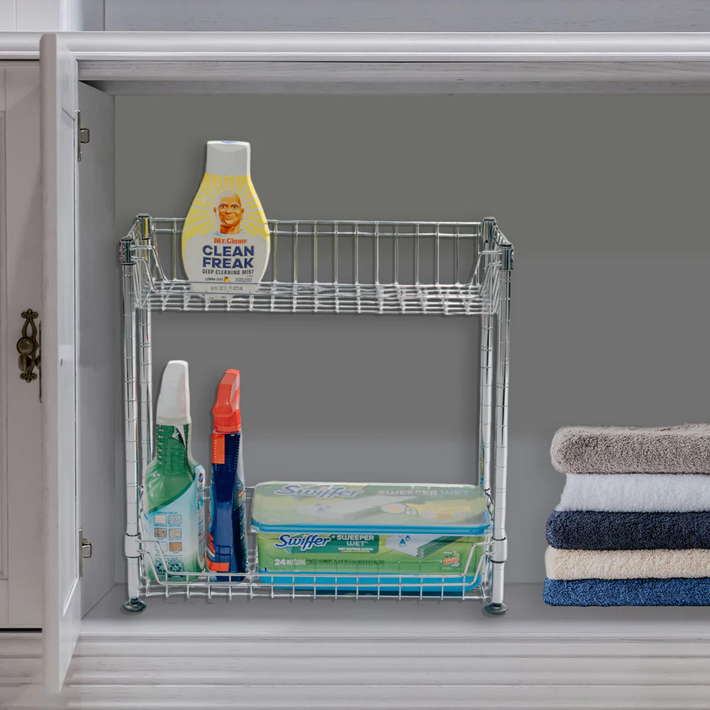 Standard Duty 8"d x 18"w x 18"h 2-Tier Chrome Wire Basket Rack - Image 3