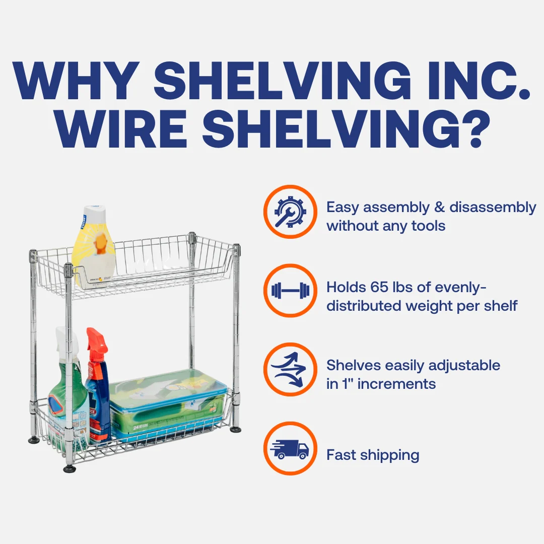 Standard Duty 8"d x 18"w x 18"h 2-Tier Chrome Wire Basket Rack - Image 4